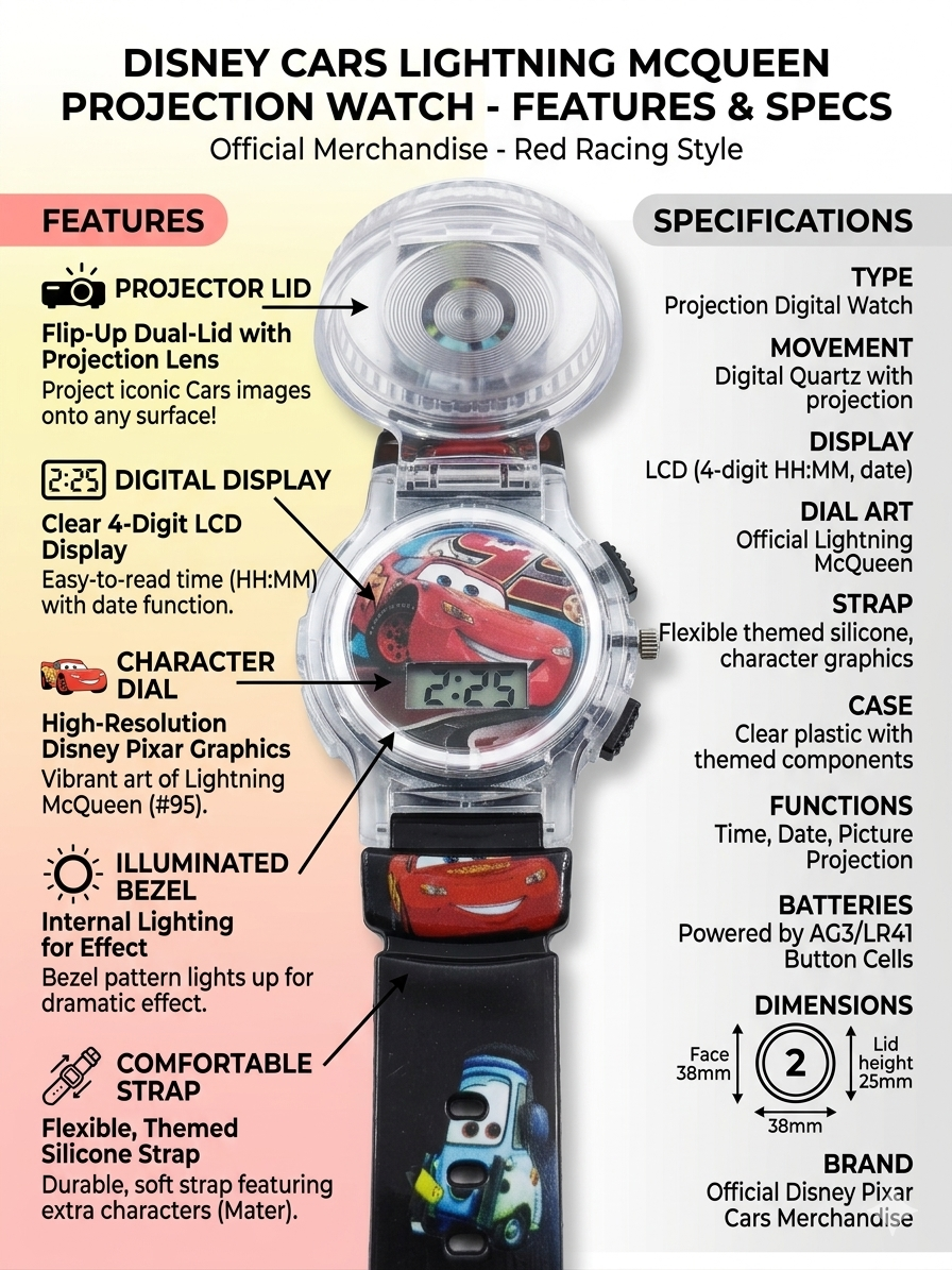 Disney Cars Lightning McQueen Projection Watch for Kids | Digital LCD Watch with Projector | Official Pixar Merchandise | Silicone Strap | Red Racing Theme