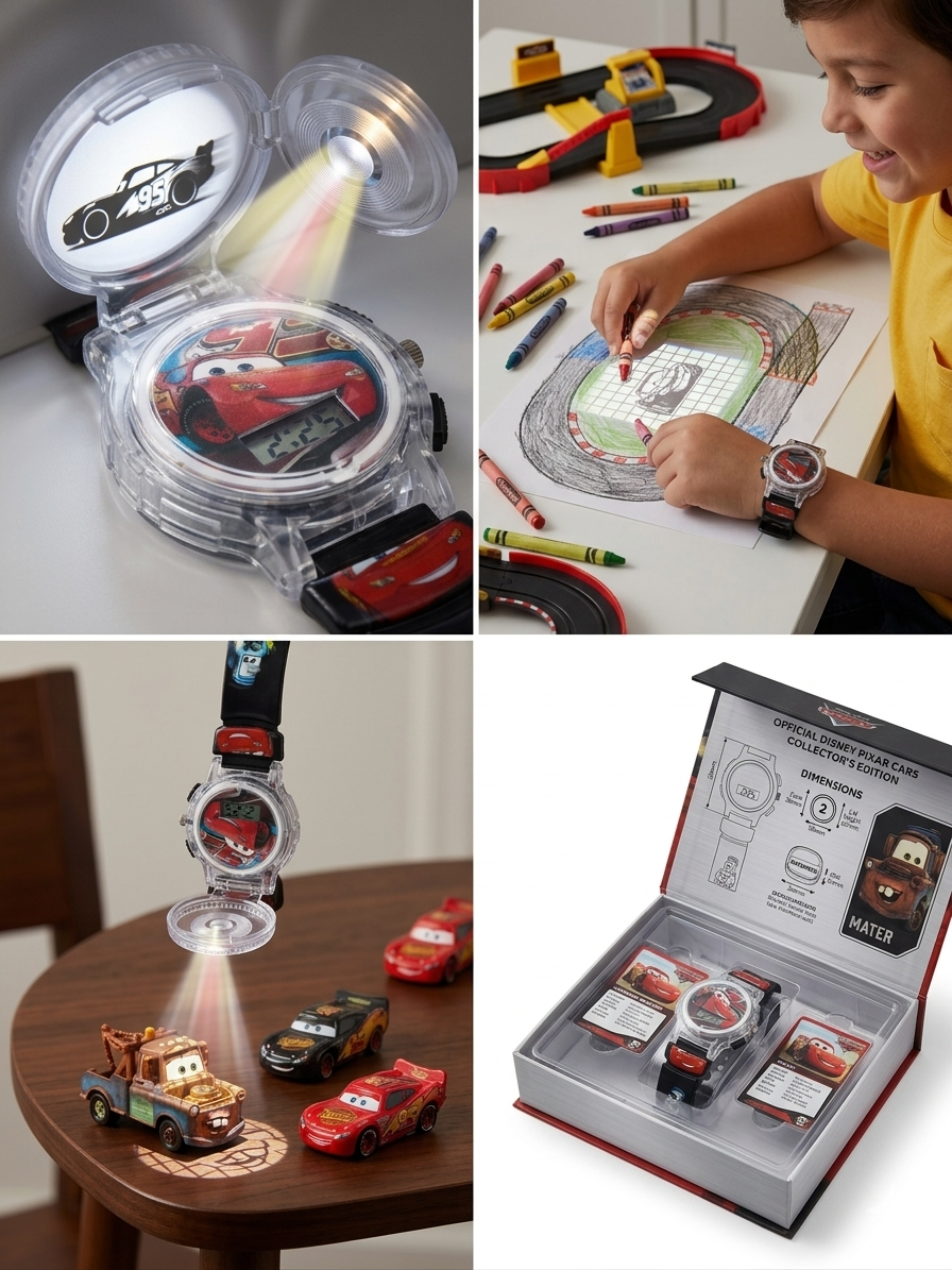 Disney Cars Lightning McQueen Projection Watch for Kids | Digital LCD Watch with Projector | Official Pixar Merchandise | Silicone Strap | Red Racing Theme