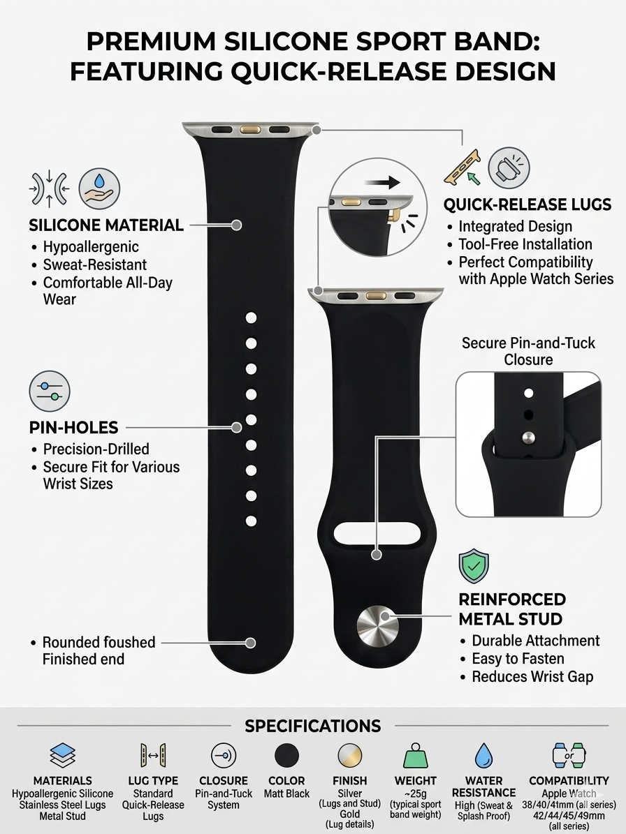 Premium Silicone Sport Band for Smartwatch | Quick-Release Strap | Sweat-Resistant, Adjustable Wrist Band