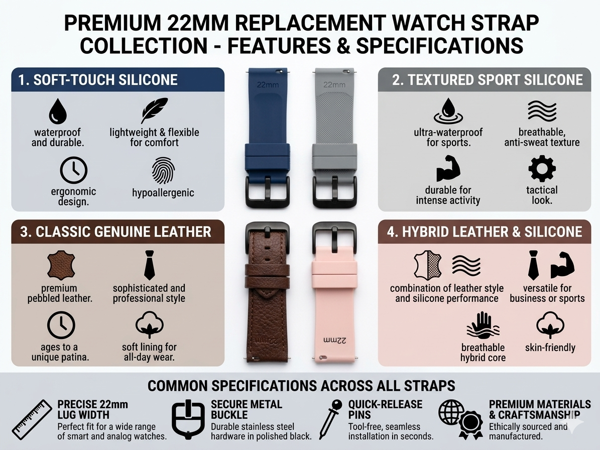 22mm Watch Strap Replacement Band | Silicone, Genuine Leather & Hybrid Options (1 PEACE )
