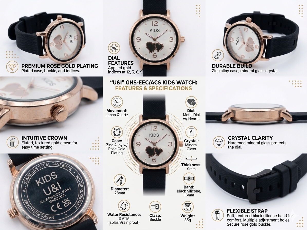 Kids Girls Analog Watch with Heart Dial | Rose Gold Case | Black Silicone Strap | Japan Quartz Movement