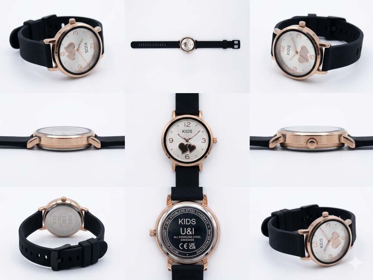 Kids Girls Analog Watch with Heart Dial | Rose Gold Case | Black Silicone Strap | Japan Quartz Movement