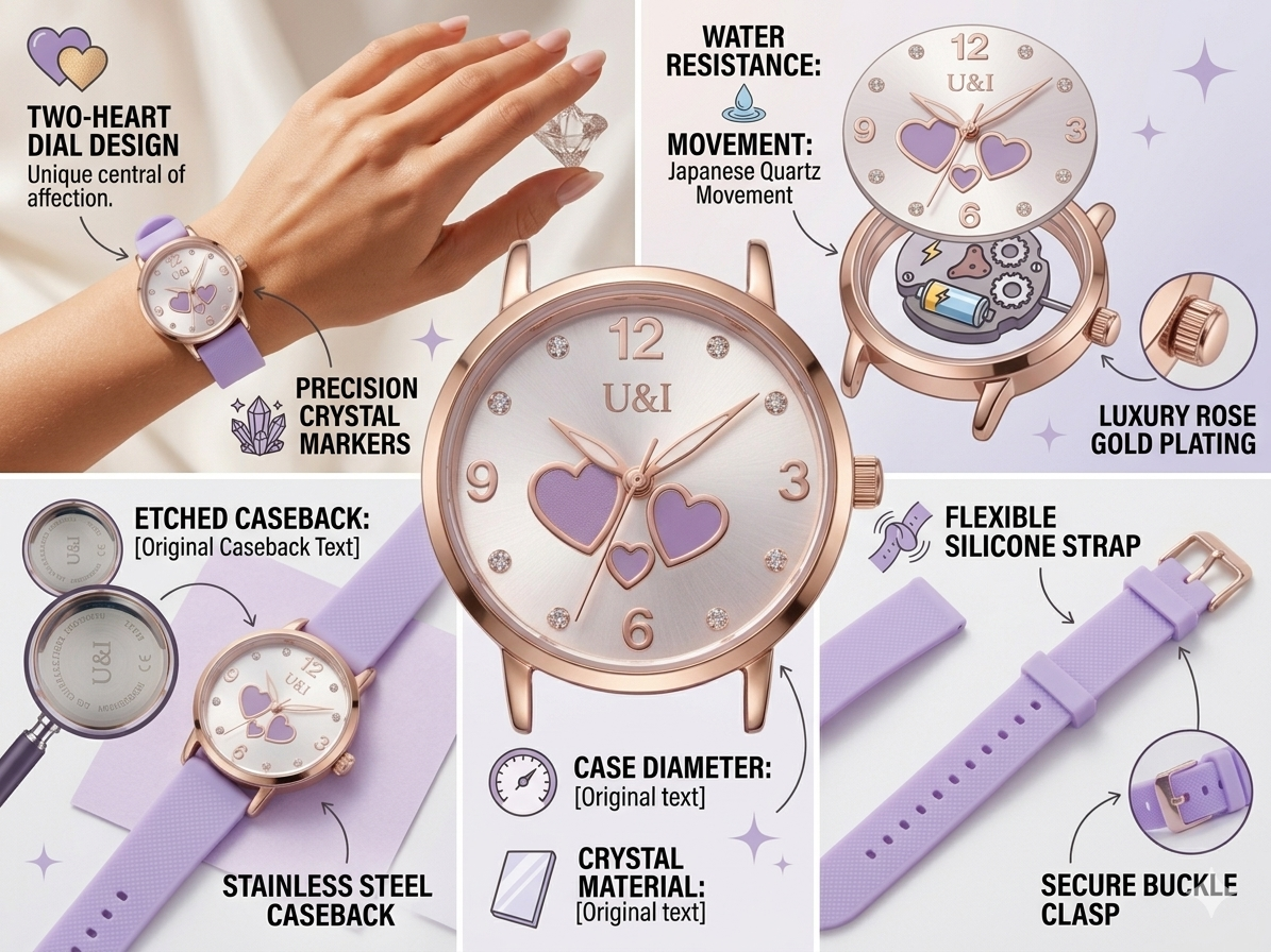 Women’s Analog Watch with Dual Heart Dial | Rose Gold Case | Purple Silicone Strap | Japanese Quartz Movement