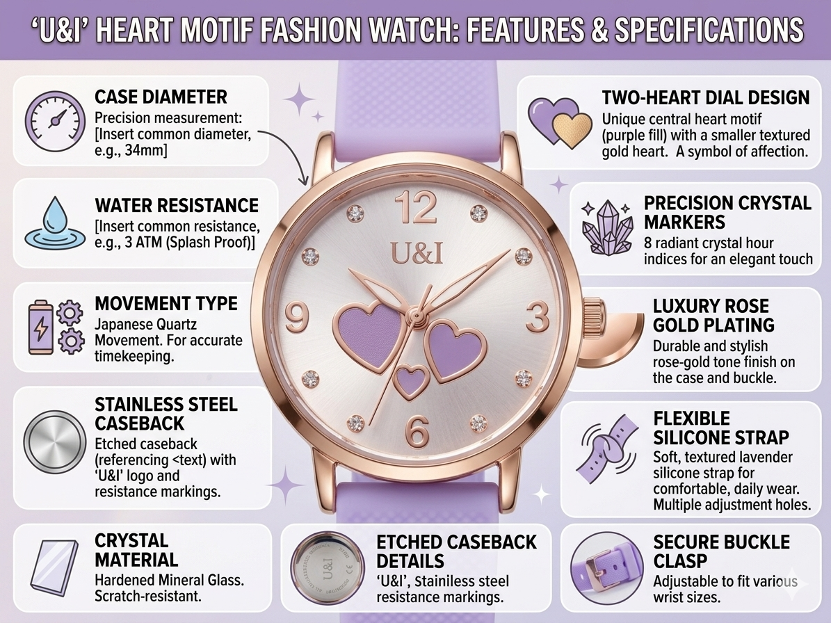 Women’s Analog Watch with Dual Heart Dial | Rose Gold Case | Purple Silicone Strap | Japanese Quartz Movement