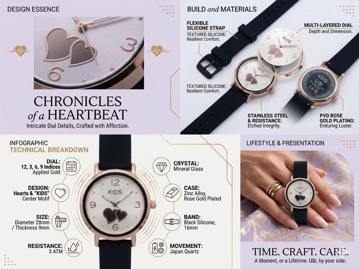 Kids Girls Analog Watch with Heart Dial | Rose Gold Case | Black Silicone Strap | Japan Quartz Movement