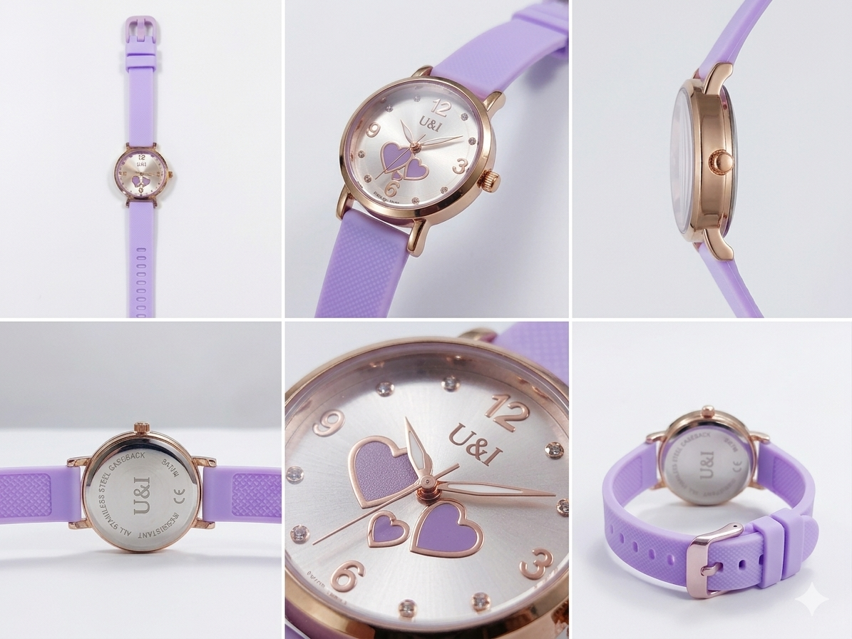 Women’s Analog Watch with Dual Heart Dial | Rose Gold Case | Purple Silicone Strap | Japanese Quartz Movement