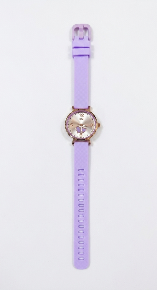 Women’s Analog Watch with Dual Heart Dial | Rose Gold Case | Purple Silicone Strap | Japanese Quartz Movement