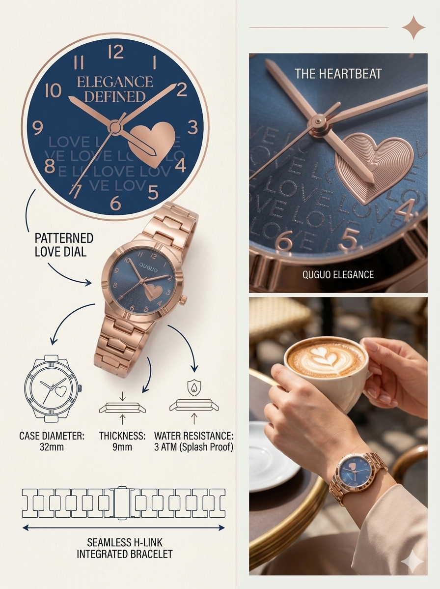 Women’s Rose Gold Analog Watch with Blue Heart Dial | Quartz Movement | Slim 32mm Case