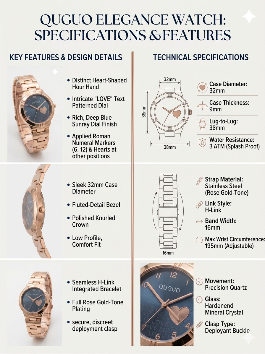 Women’s Rose Gold Analog Watch with Blue Heart Dial | Quartz Movement | Slim 32mm Case