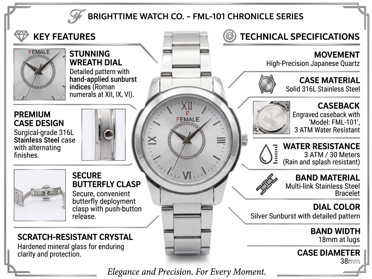 Women’s Analog Watch with Silver Sunburst Dial | 316L Stainless Steel Strap | Japanese Quartz Movement