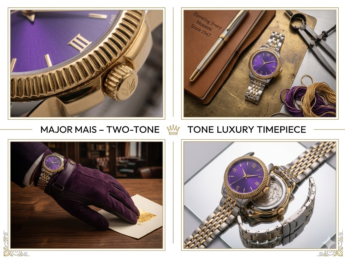 Men’s Luxury Analog Watch with Purple Sunburst Dial | Two-Tone Gold & Silver Stainless Steel Strap