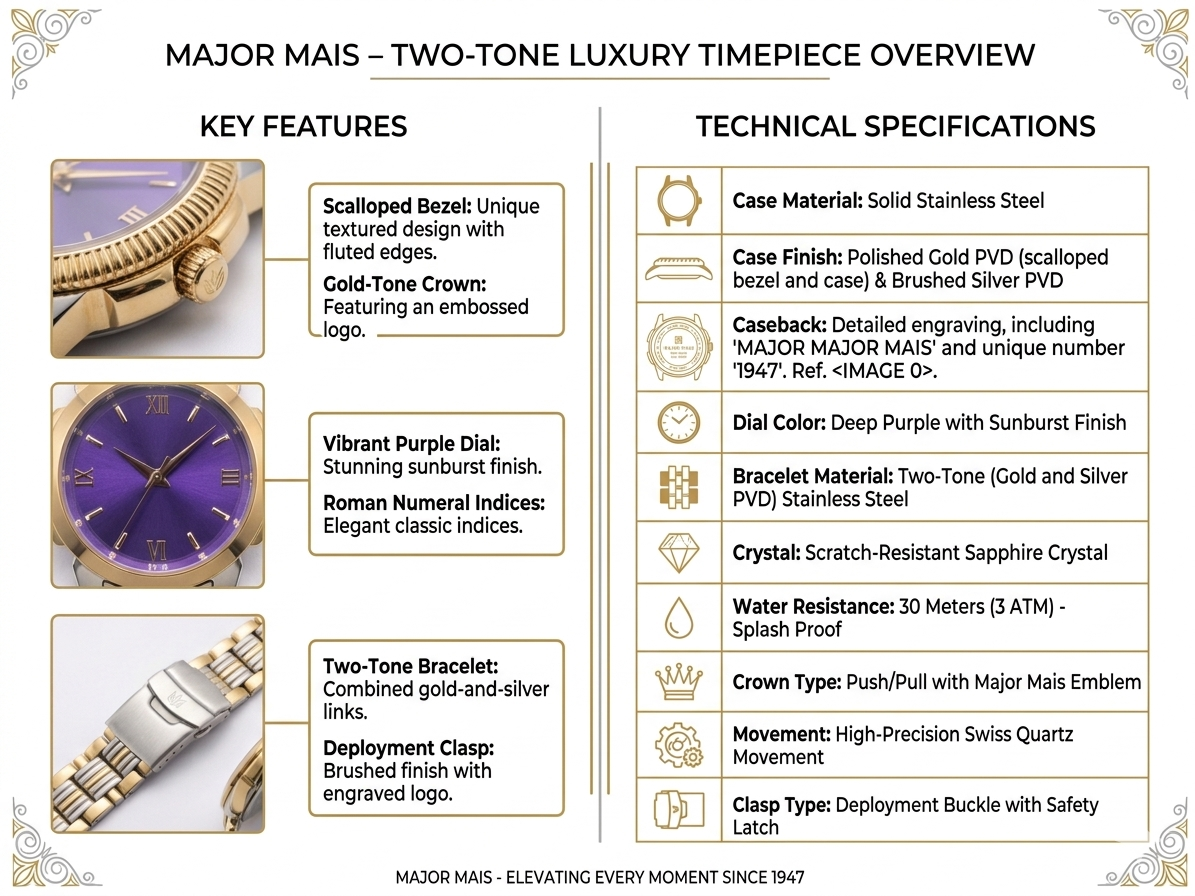 Men’s Luxury Analog Watch with Purple Sunburst Dial | Two-Tone Gold & Silver Stainless Steel Strap