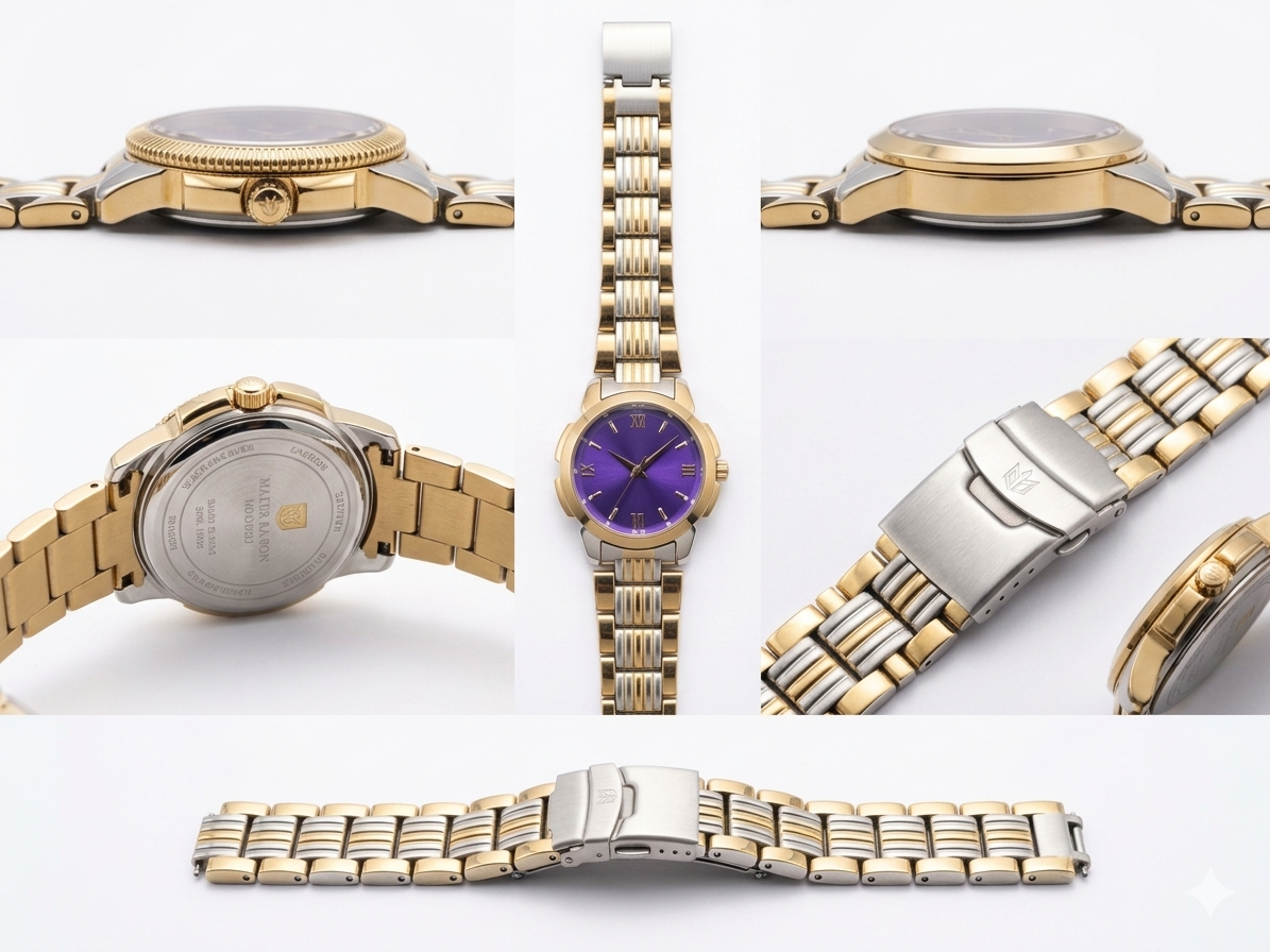 Men’s Luxury Analog Watch with Purple Sunburst Dial | Two-Tone Gold & Silver Stainless Steel Strap