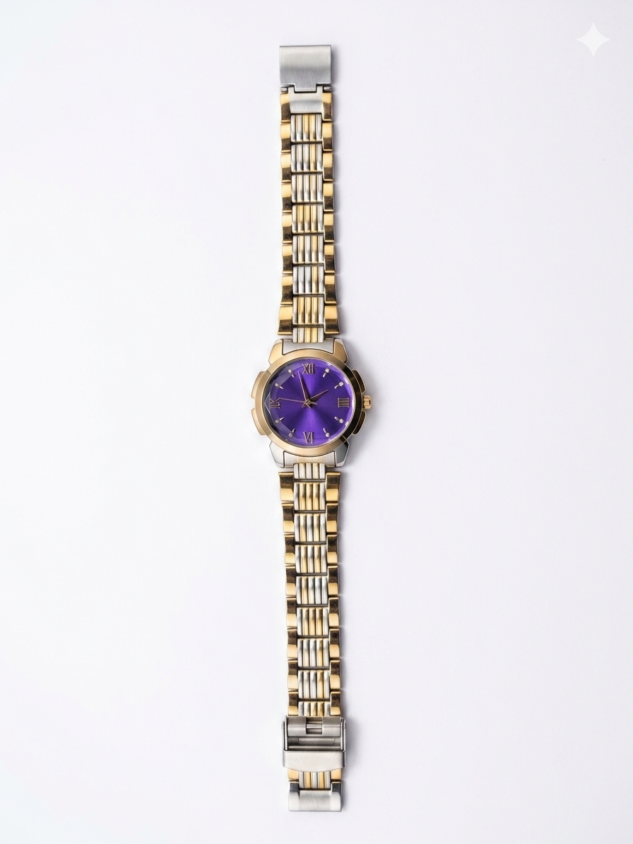 Men’s Luxury Analog Watch with Purple Sunburst Dial | Two-Tone Gold & Silver Stainless Steel Strap