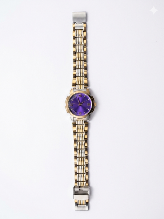 Men’s Luxury Analog Watch with Purple Sunburst Dial | Two-Tone Gold & Silver Stainless Steel Strap