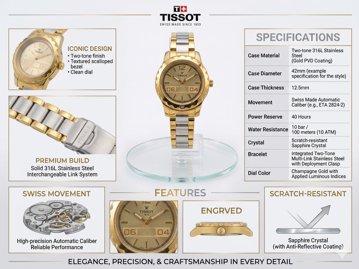 Women’s Luxury Swiss Automatic Watch with Champagne Gold Dial | Two-Tone 316L Stainless Steel Strap