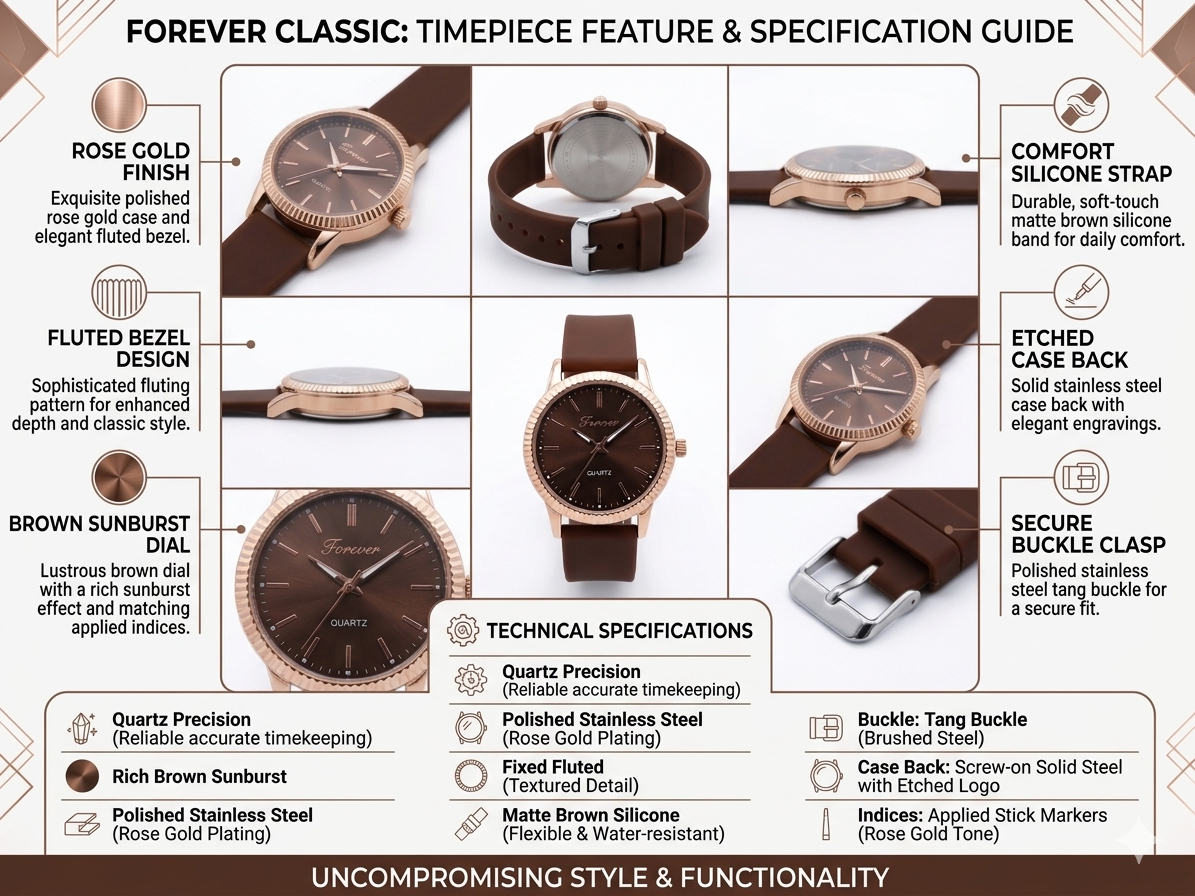 Forever Classic Men’s Analog Watch with Rose Gold Case & Brown Sunburst Dial