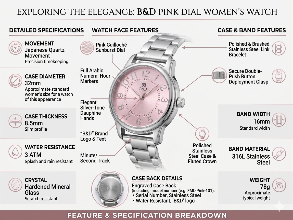 Women’s Pink Dial Analog Watch with Stainless Steel Strap | Japanese Quartz Movement | 32mm Elegant Slim Watch