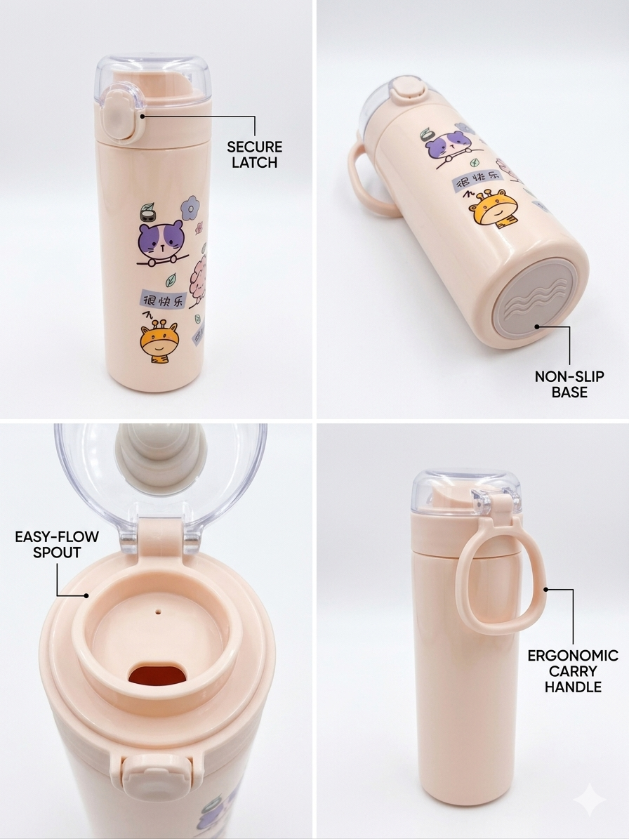 Magical Minds Insulated Water Bottle for Kids – 500ml Stainless Steel Flask with 3D Cartoon Art – Leak-Proof Flip-Top Lid & Easy-Flow Spout – Keeps Hot 12h