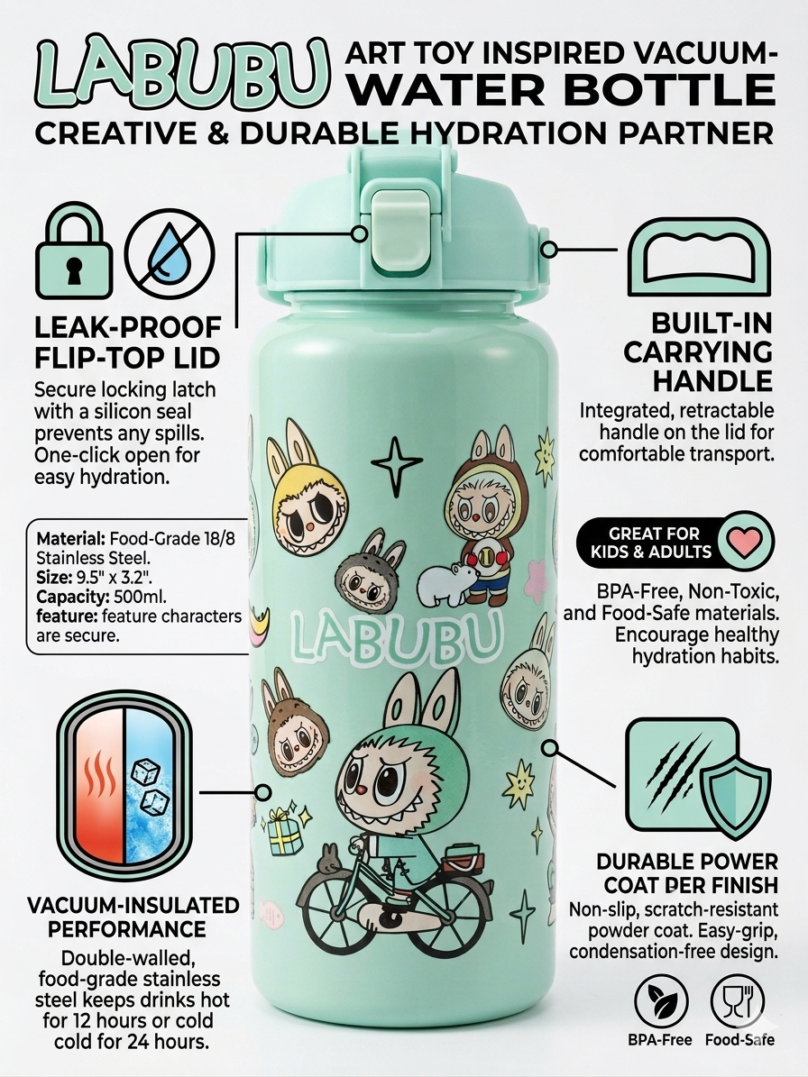 labubu water bottle, vacuum insulated flask, stainless steel water bottle kids, art toy school supplies, 500ml thermal bottle