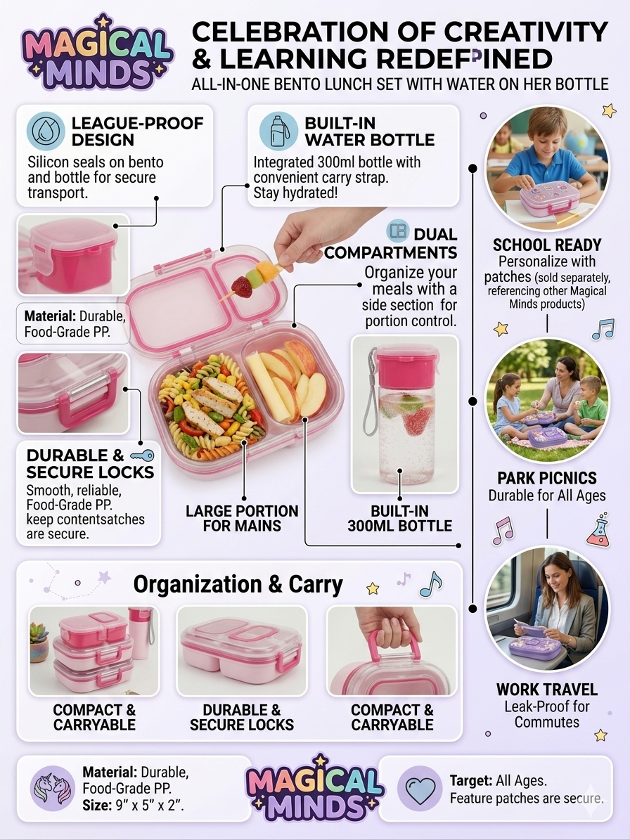 Magical Minds All-in-One Bento Lunch Box Set with Built-in 300ml Water Bottle – Leak-Proof 2 Compartment Food Container – BPA-Free, Durable & Portable Meal Prep Kit for Kids and Adults, Pink