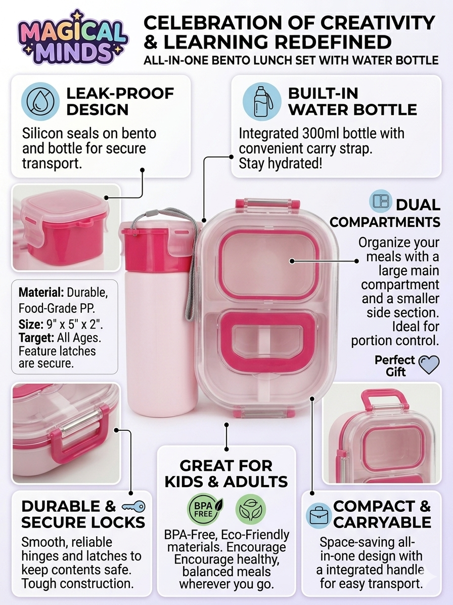Magical Minds All-in-One Bento Lunch Box Set with Built-in 300ml Water Bottle – Leak-Proof 2 Compartment Food Container – BPA-Free, Durable & Portable Meal Prep Kit for Kids and Adults, Pink