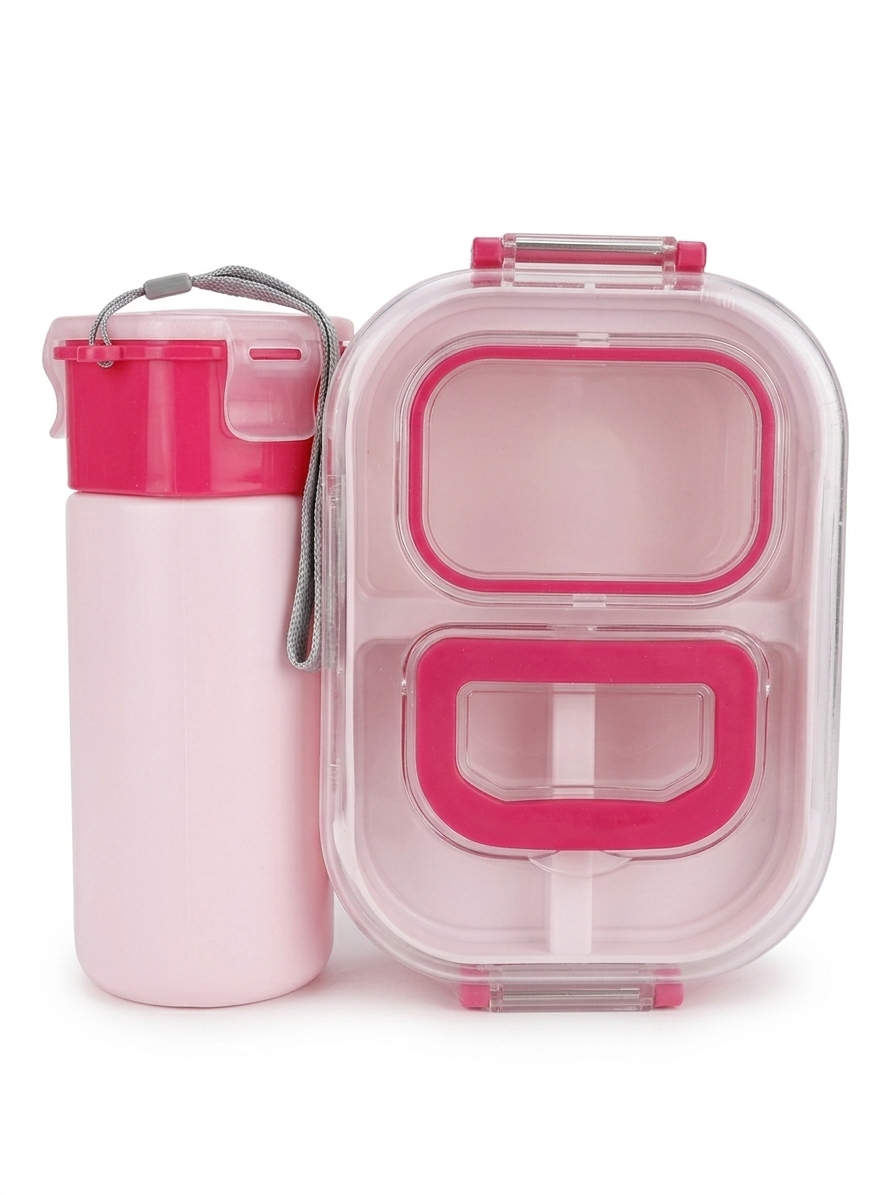 Magical Minds All-in-One Bento Lunch Box Set with Built-in 300ml Water Bottle – Leak-Proof 2 Compartment Food Container – BPA-Free, Durable & Portable Meal Prep Kit for Kids and Adults, Pink