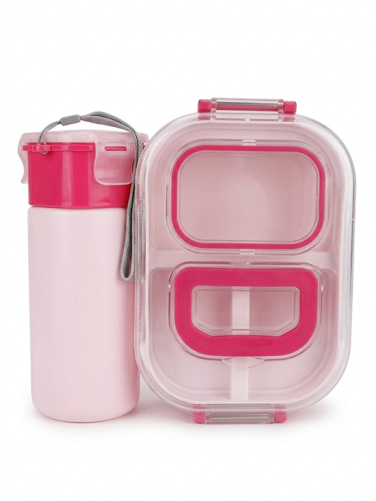 Magical Minds All-in-One Bento Lunch Box Set with Built-in 300ml Water Bottle – Leak-Proof 2 Compartment Food Container – BPA-Free, Durable & Portable Meal Prep Kit for Kids and Adults, Pink