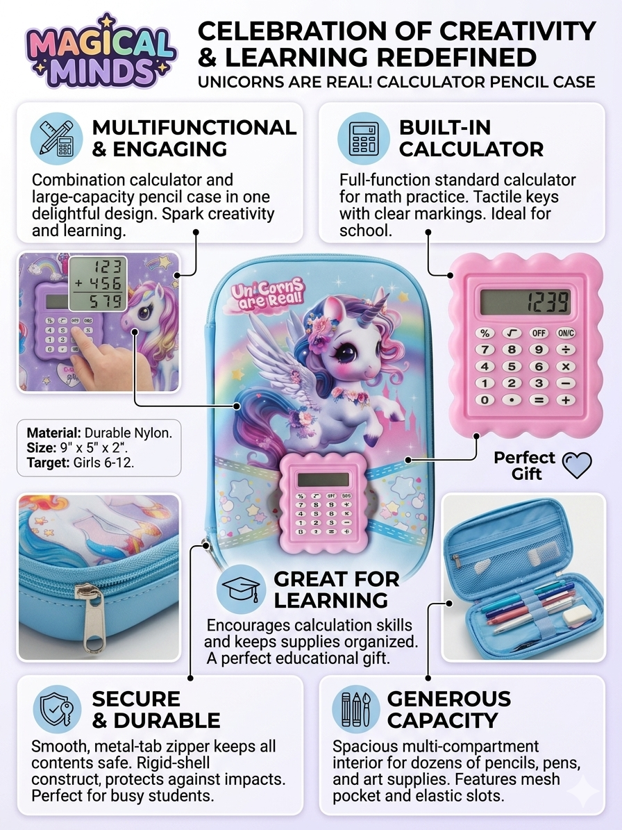 Magical Minds 3D Unicorn Pencil Case with Built-in Calculator for Girls – Large Capacity Hard Shell Organizer with Mesh Pockets & Pen Slots – Durable Aesthetic School Supply Pouch for Ages 6-12