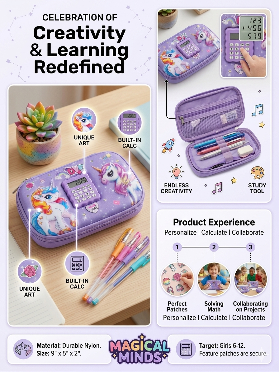 Magical Minds 3D Unicorn Pencil Case with Built-in Calculator for Girls – Large Capacity Hard Shell Organizer with Mesh Pockets & Pen Slots – Durable Aesthetic School Supply Pouch for Ages 6-12