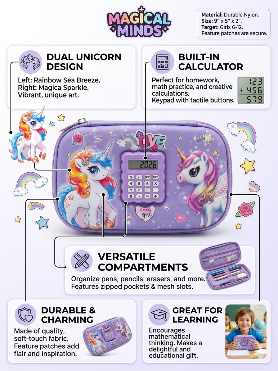 Magical Minds 3D Unicorn Pencil Case with Built-in Calculator for Girls – Large Capacity Hard Shell Organizer with Mesh Pockets & Pen Slots – Durable Aesthetic School Supply Pouch for Ages 6-12