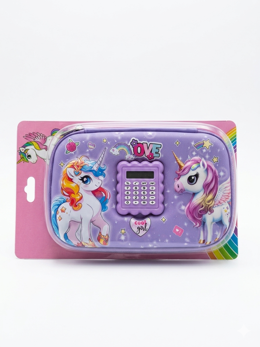 Magical Minds 3D Unicorn Pencil Case with Built-in Calculator for Girls – Large Capacity Hard Shell Organizer with Mesh Pockets & Pen Slots – Durable Aesthetic School Supply Pouch for Ages 6-12
