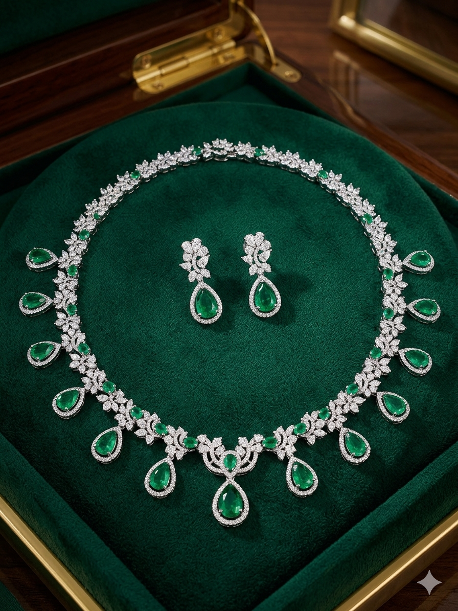 Emerald Diamond Jewelry Set for Women, Luxury Pear Shape Necklace Earrings Set, Green Stone Bridal Jewelry, High Jewelry Wedding Party Set for Girls & Women