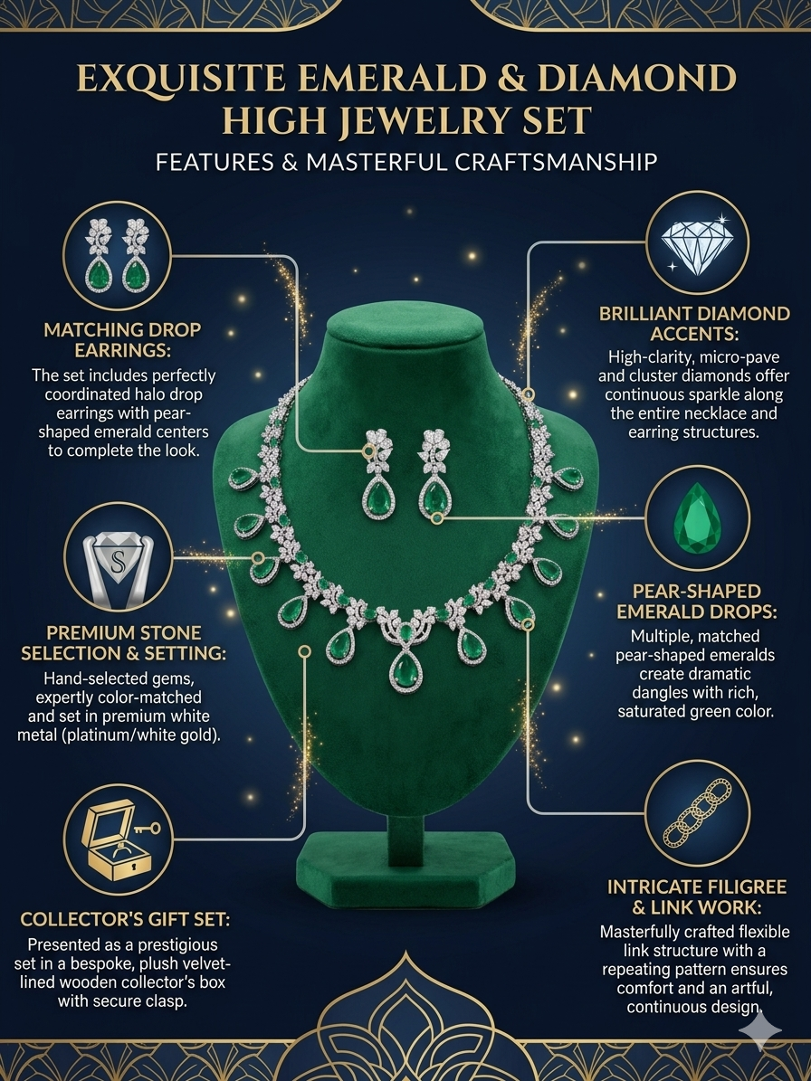 Emerald Diamond Jewelry Set for Women, Luxury Pear Shape Necklace Earrings Set, Green Stone Bridal Jewelry, High Jewelry Wedding Party Set for Girls & Women