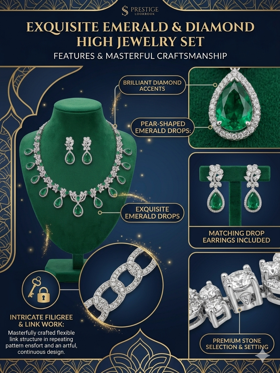 Emerald Diamond Jewelry Set for Women, Luxury Pear Shape Necklace Earrings Set, Green Stone Bridal Jewelry, High Jewelry Wedding Party Set for Girls & Women