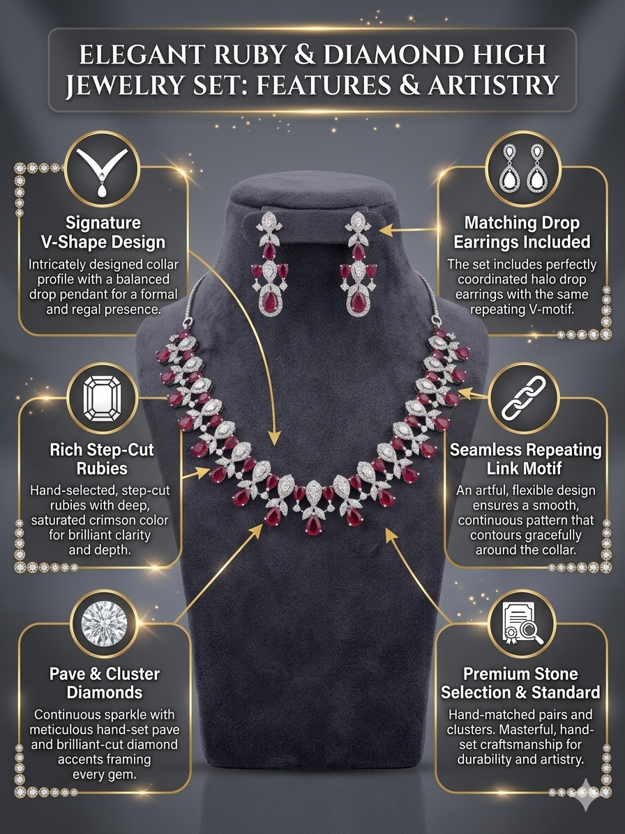 Ruby Diamond Jewelry Set for Women, Luxury V Shape Necklace Earrings Set, Red Stone Bridal Jewelry Set, Wedding Party Statement Jewelry for Girls & Women