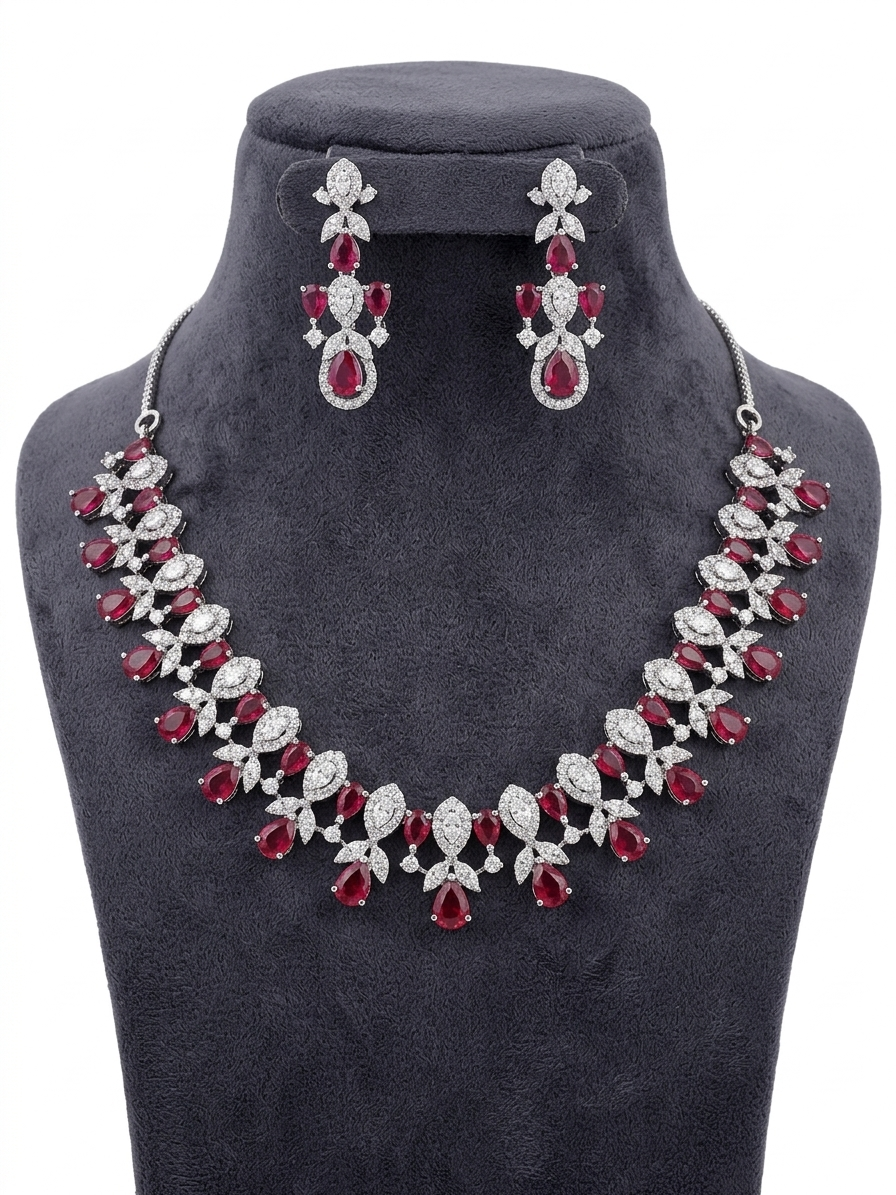 Ruby Diamond Jewelry Set for Women, Luxury V Shape Necklace Earrings Set, Red Stone Bridal Jewelry Set, Wedding Party Statement Jewelry for Girls & Women