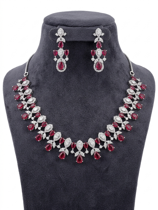 Ruby Diamond Jewelry Set for Women, Luxury V Shape Necklace Earrings Set, Red Stone Bridal Jewelry Set, Wedding Party Statement Jewelry for Girls & Women