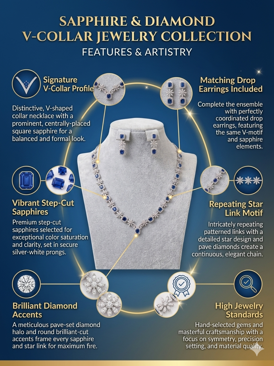 Sapphire Diamond Jewelry Set for Women, V Collar Necklace Earrings Set, Blue Stone Bridal Jewelry, Luxury Wedding Party Jewelry for Girls & Women