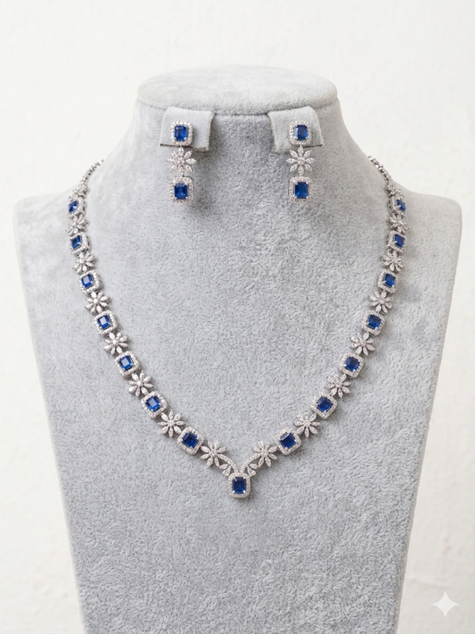 Sapphire Diamond Jewelry Set for Women, V Collar Necklace Earrings Set, Blue Stone Bridal Jewelry, Luxury Wedding Party Jewelry for Girls & Women