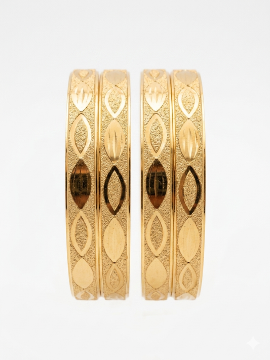 Adhira Collection 1 Gram Gold Plated Bangle Set for Women - 4-Piece Premium Gold Simulant Bangles with Pointed-Oval Facets, Stippling Matte Texture, Palladium Ag925 Ornaments, Traditional Kada Gift