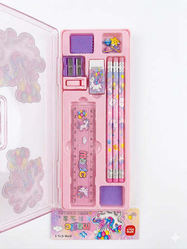 Magic Unicorn Multi-Functional Stationery Set for Girls – All-in-One Pencil Box with Twin Blade Sharpener, Pencils, Ruler, and Eraser – Impact-Resistant Storage Case, Ideal Birthday Gift & School Return Gift