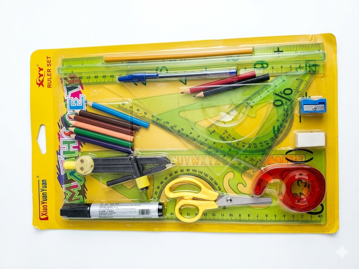 Xiao Yuan Yuan Comprehensive 15-Piece Math & Geometry Set – Complete Student Stationery Kit with Compass, Set Squares, Rulers, Scissors, Tape Dispenser, and Colored Pencils