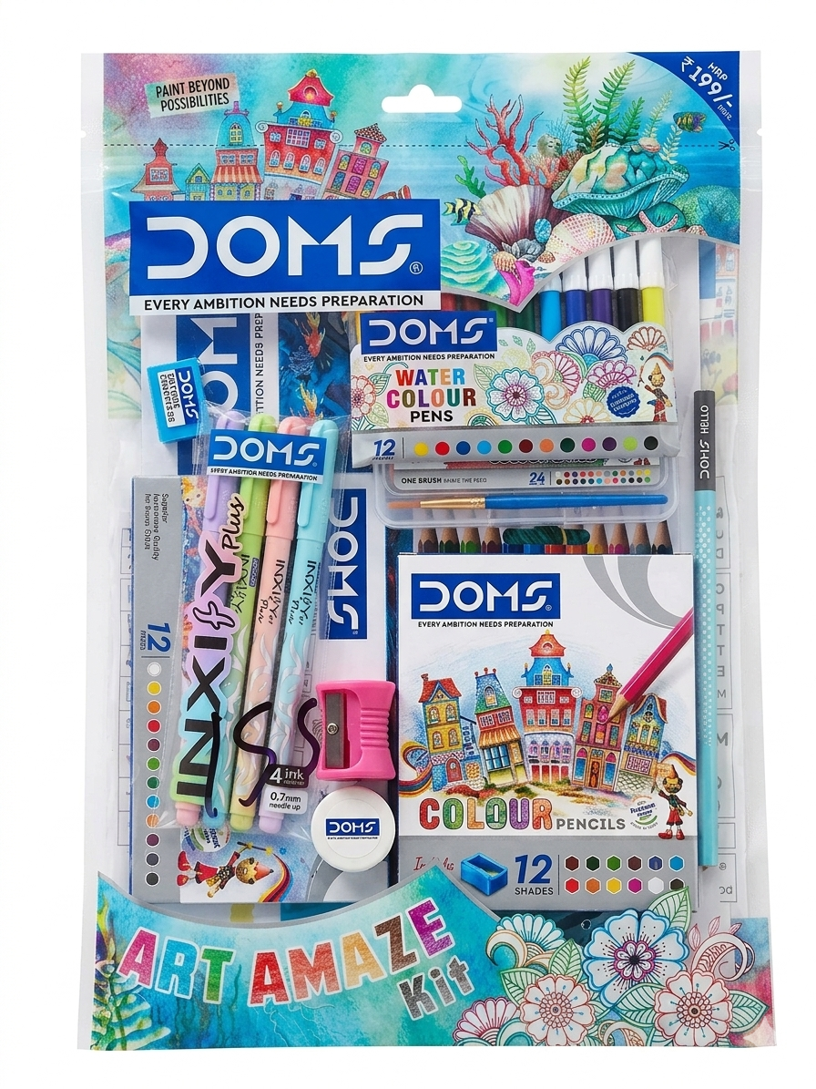 DOMS Art Amaze Kit – Complete Stationery Gift Set for Kids with 12 Colour Pencils, 12 Water Colour Pens, HB Pencil, Eraser & Sharpener – Professional-Grade Art Supplies for School Projects & Gifting