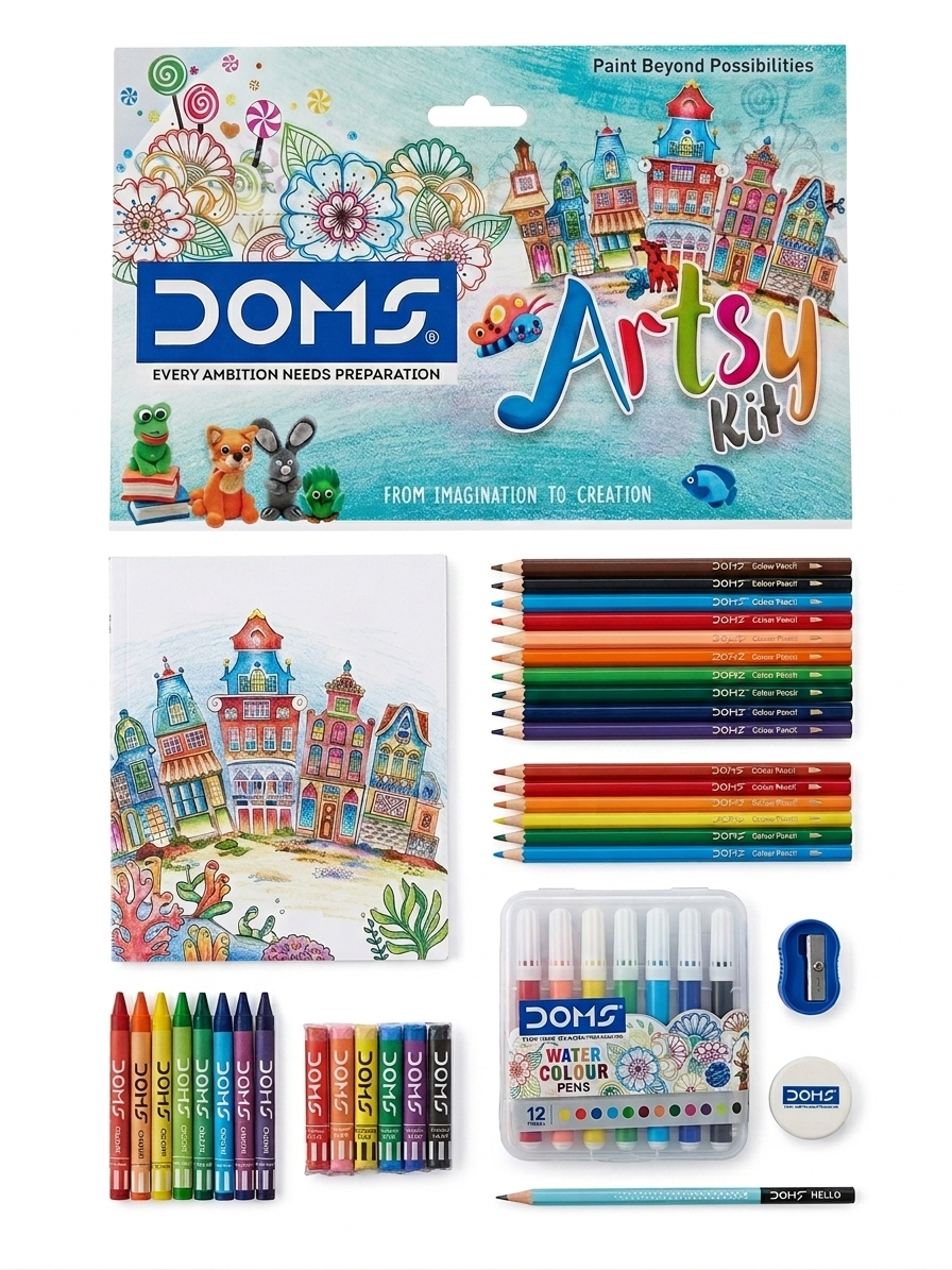 DOMS Art Amaze Kit – Complete Stationery Gift Set for Kids with 12 Colour Pencils, 12 Water Colour Pens, HB Pencil, Eraser & Sharpener – Professional-Grade Art Supplies for School Projects & Gifting
