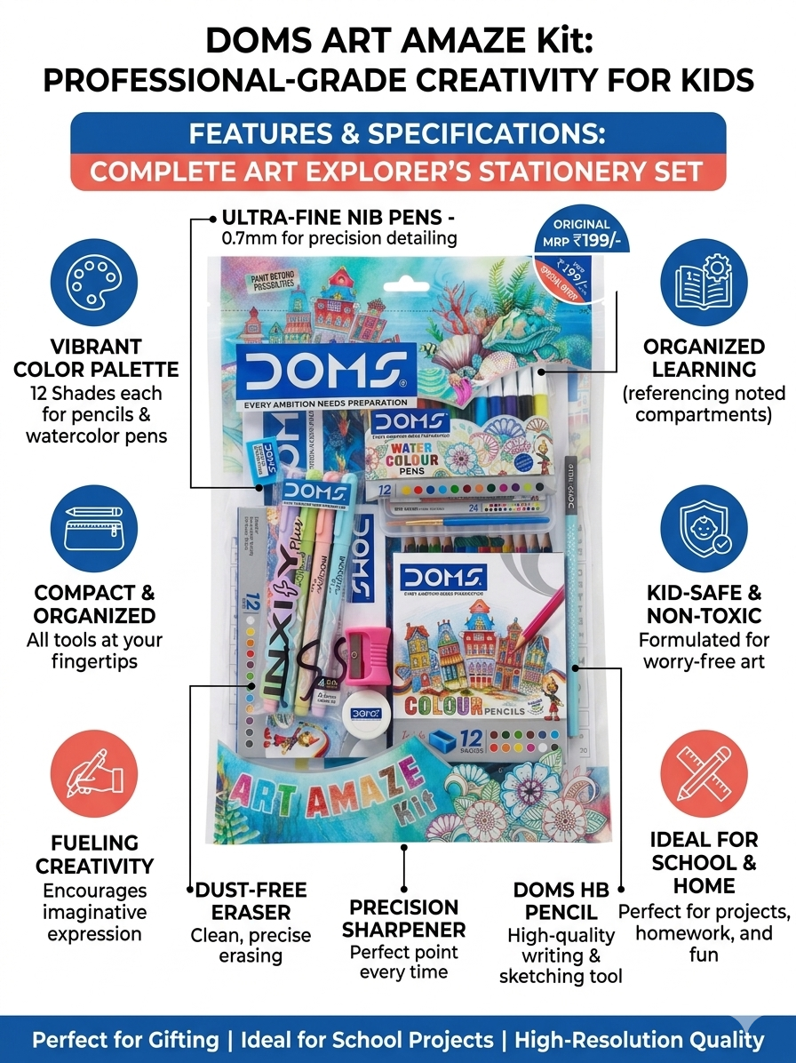 DOMS Art Amaze Kit – Complete Stationery Gift Set for Kids with 12 Colour Pencils, 12 Water Colour Pens, HB Pencil, Eraser & Sharpener – Professional-Grade Art Supplies for School Projects & Gifting