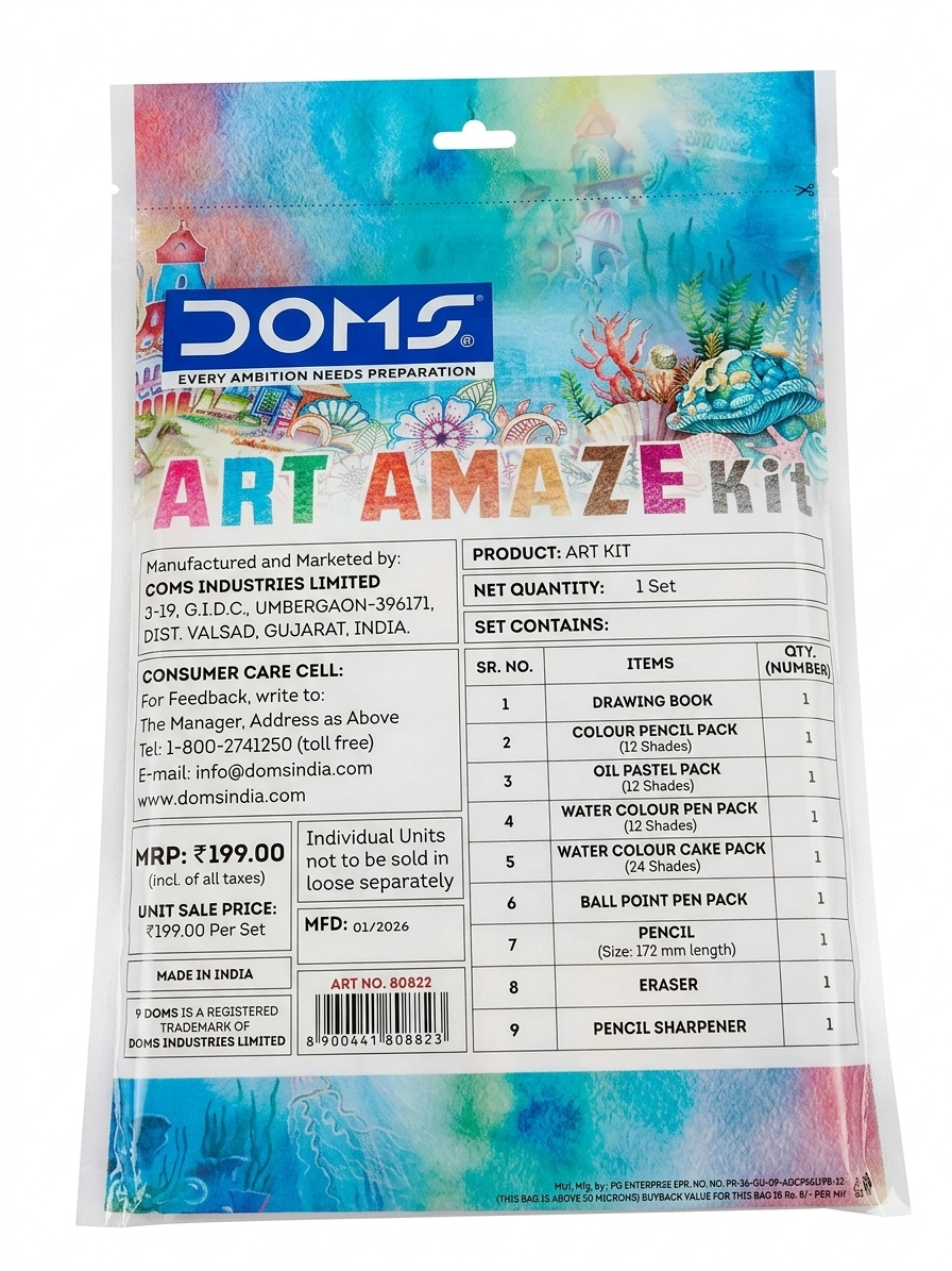 DOMS Art Amaze Kit – Complete Stationery Gift Set for Kids with 12 Colour Pencils, 12 Water Colour Pens, HB Pencil, Eraser & Sharpener – Professional-Grade Art Supplies for School Projects & Gifting