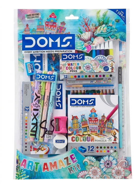 DOMS Art Amaze Kit – Complete Stationery Gift Set for Kids with 12 Colour Pencils, 12 Water Colour Pens, HB Pencil, Eraser & Sharpener – Professional-Grade Art Supplies for School Projects & Gifting