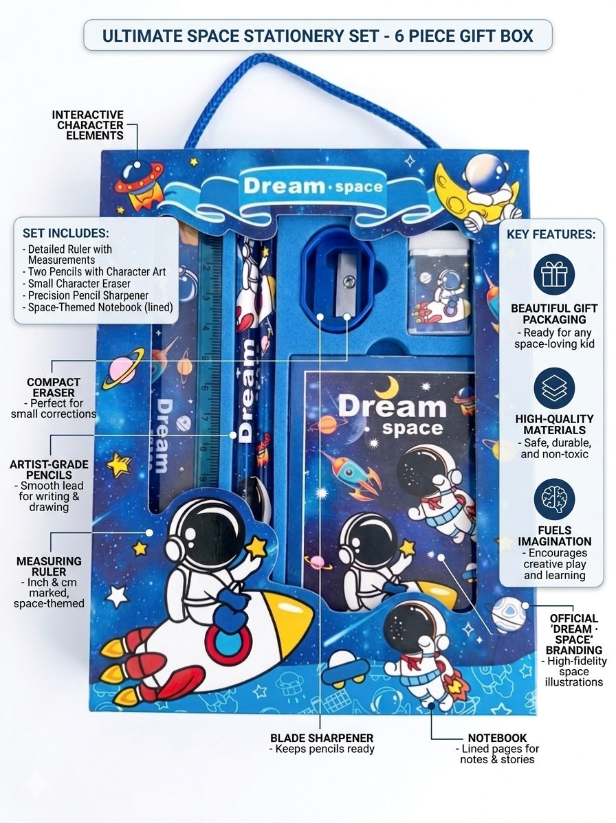 Dream Space Ultimate 6-Piece Stationery Gift Set for Kids – Astronaut-Themed School Supplies Box with Notebook, Pencils, Eraser, Sharpener, and Ruler – Perfect Birthday Return Gift for Boys & Girls