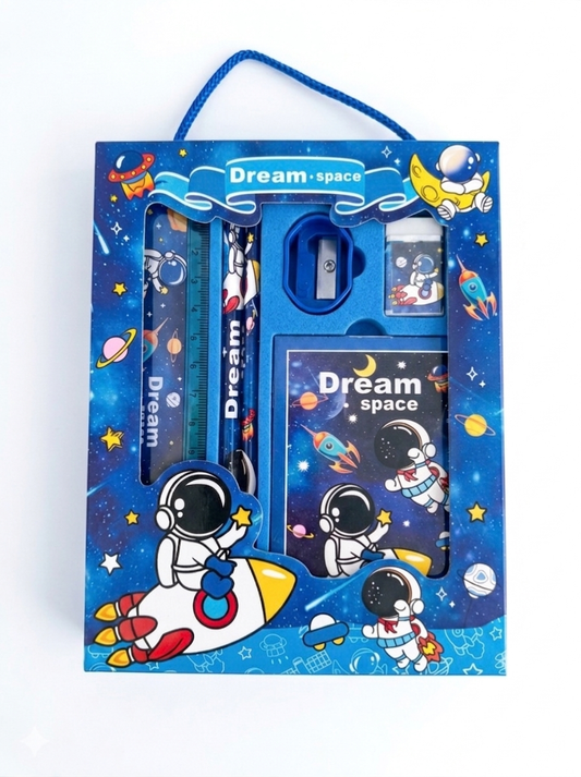 Dream Space Ultimate 6-Piece Stationery Gift Set for Kids – Astronaut-Themed School Supplies Box with Notebook, Pencils, Eraser, Sharpener, and Ruler – Perfect Birthday Return Gift for Boys & Girls